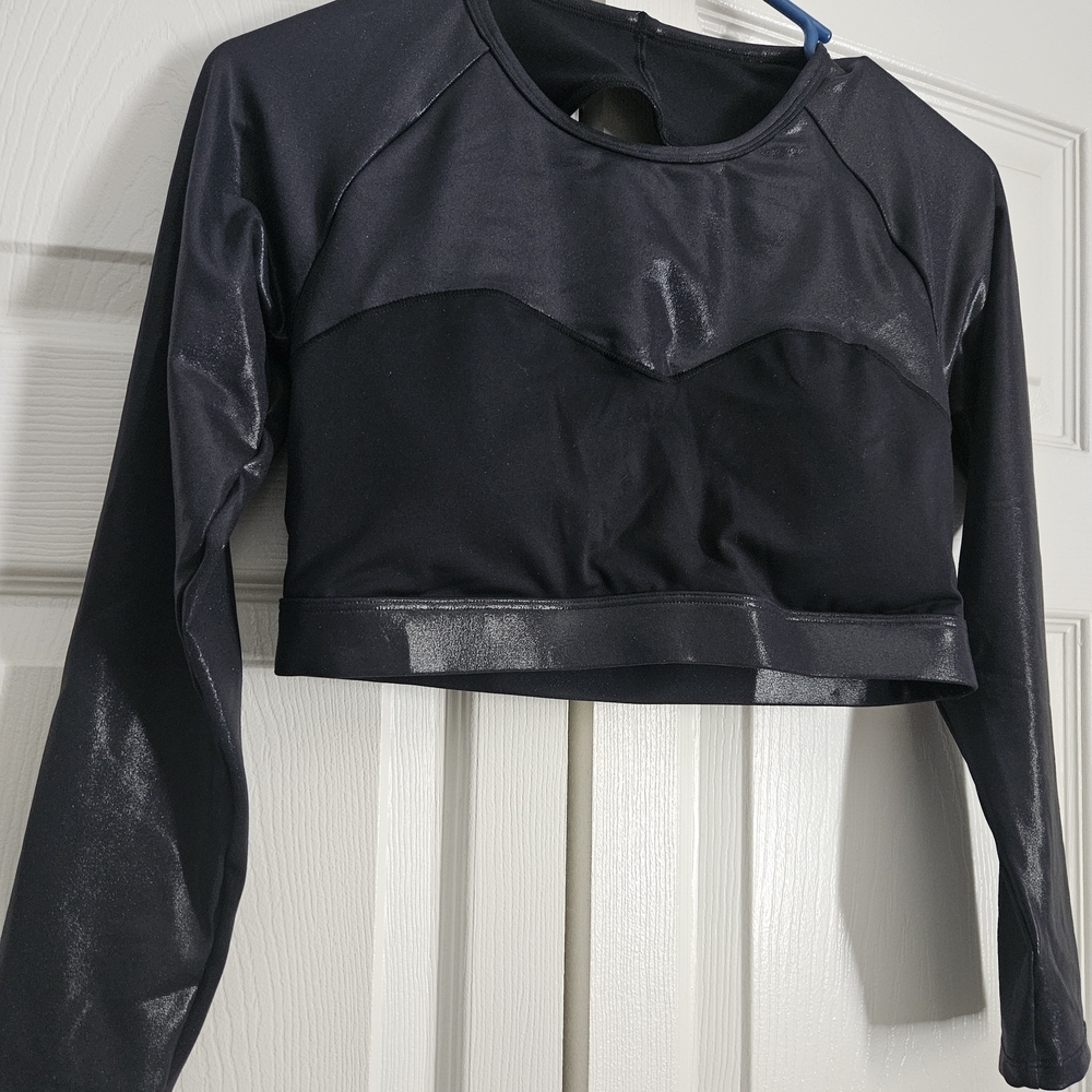 Womens Fabletics Black Shimmer Long Sleeve Crop Top And High Waisted Legging Set